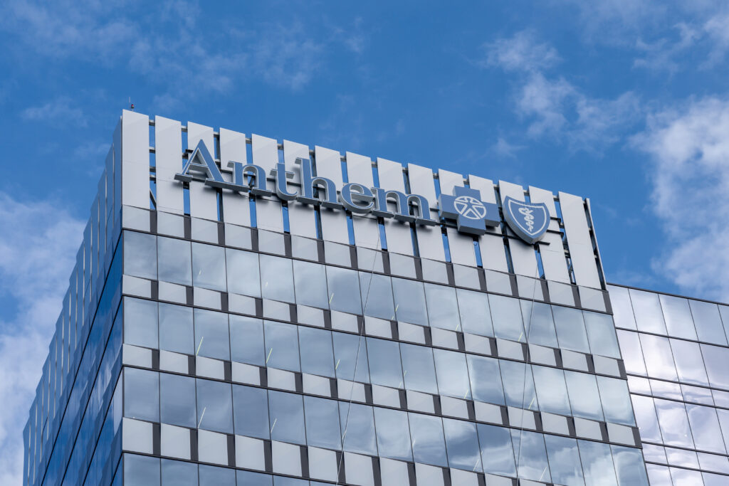 Atlanta, Georgia, USA - January 16, 2020: Sign of Anthem Blue Cross and Blue Shield on the building in Atlanta, Georgia, USA. Anthem, Inc., is a provider of health insurance in the United States.